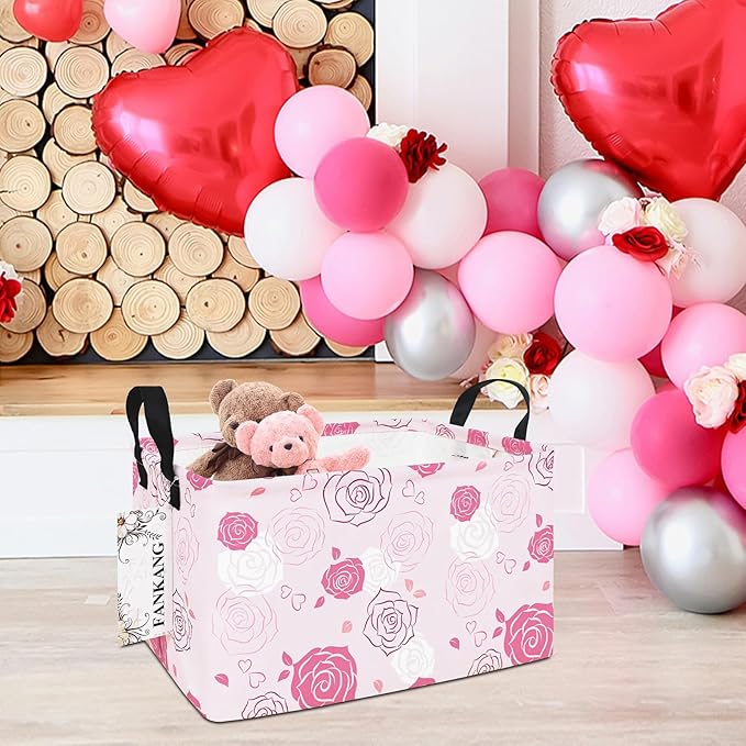 FANKANG Storage Bins, Nursery Hamper Canvas Laundry Basket Foldable with Waterproof PE Coating Large Storage Baskets for Kids Boys and Girls, Office, Bedroom, Clothes,Toys(Rec-Pink roses ）