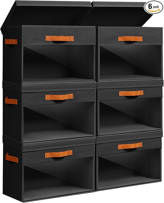 Large Storage Bins with Lids - 6 Pack Foldable Decorative Organizers with Clear Windows & Handles, Cube Storage Organizers for Clothes, Blankets, Sweaters, CD, Black
