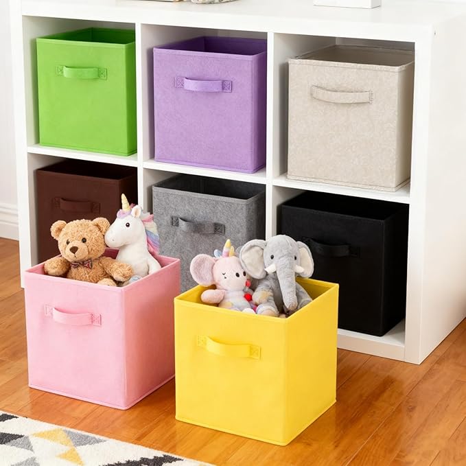 9 Pack Cube Storage Bins, 11 Inch Collapsible Fabric Storage Baskets, Multi Colored Storage Cubes with Handles, Foldable Cube Drawer for Home, Closet, Shelves, Toys Organization