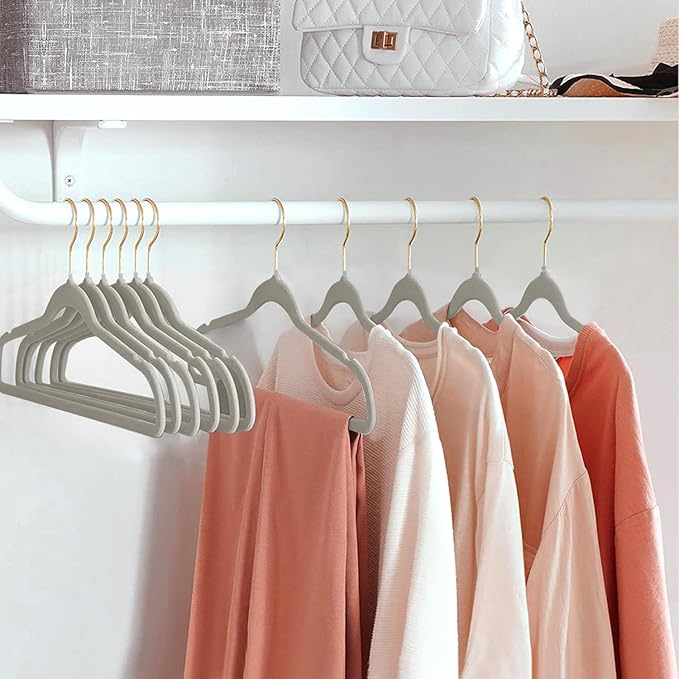 ManGotree Velvet Coat Hangers with 360° Swivel Gold Hook, Non-Slip Felt Suit Hangers, Slim Space Saving Clothes Hanger for Jacket, Sweater, Shirt, Dress, Pants (48 Pack, Grey)
