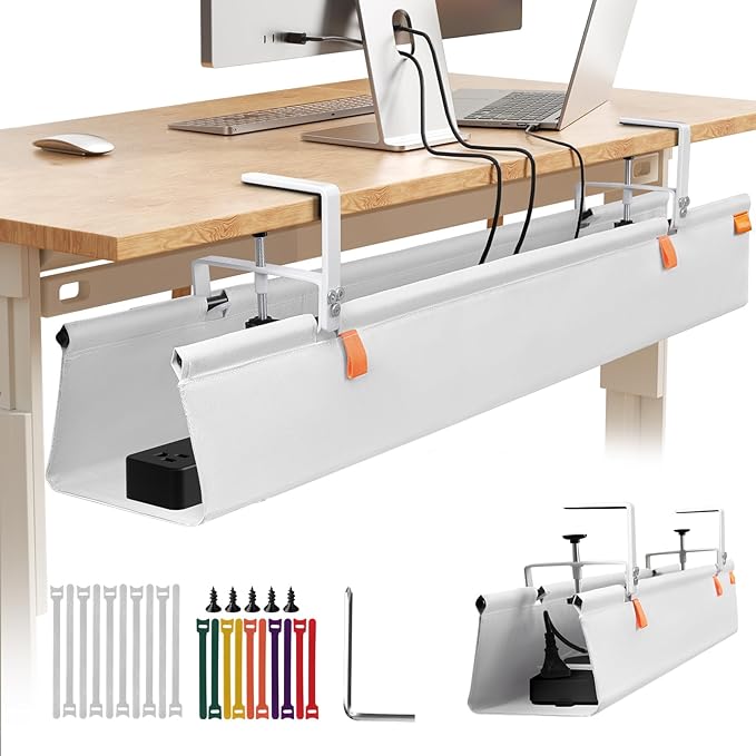 No Drill Under Desk Cable Management Tray, 48" Cord Organizer with Clamp, Fabric Cable Management for Standing Desks, Ideal for Home & Office - White