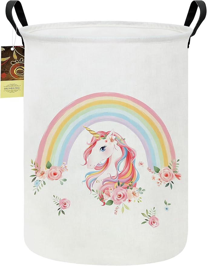 HUNRUNG Laundry Hamper,Large Canvas Fabric Lightweight Storage Basket Toy Organizer Dirty Clothes Collapsible Waterproof for College Dorms（Round-Rainbow Unicorn）