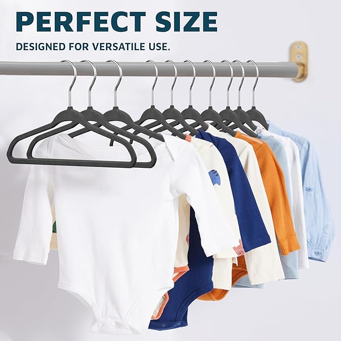 Black Velvet Kids Hangers 20 Pack, 10.83" Non-Slip Baby & Toddler Hangers for Clothes, Space-Saving Slim ABS Plastic with 360° Swivel Hook & Notched Shoulders, Up to 10 lb Capacity
