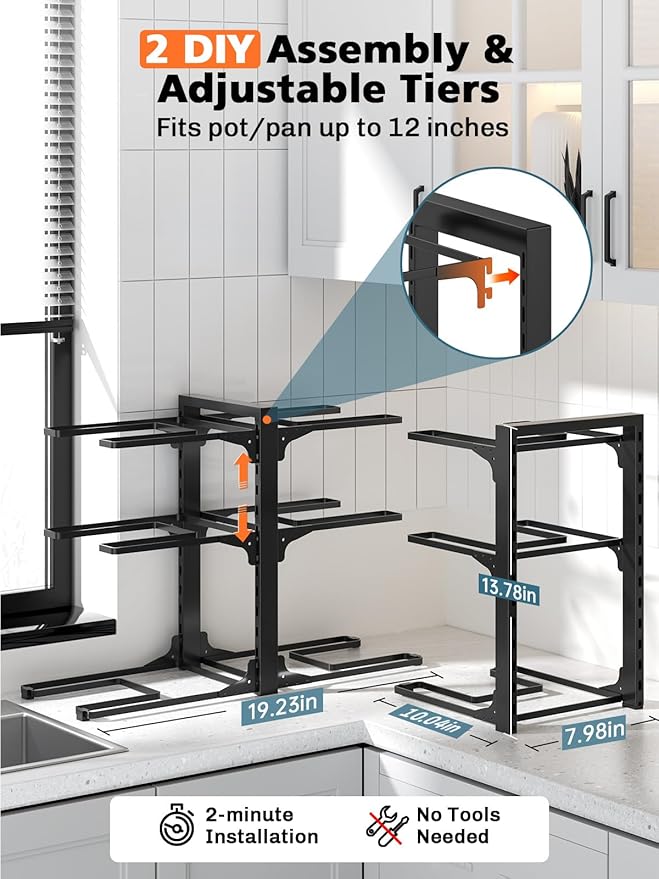 MUDEELA 6-Tier Pots and Pans Organizer under Cabinet, 13.78" Height Heavy Duty Pot and Pan Organizer Kitchen Cabinet Organization and Storage, Adjustable Pot Rack for Frying Pan, Cast Iron Skillet