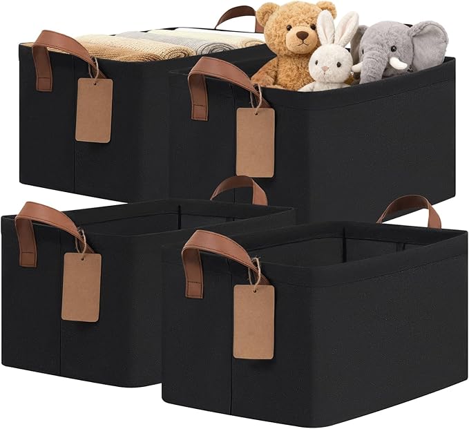 CHICVITA 4 Pack Storage Baskets for Shelves, Collapsible Fabric Closet Storage Bins with Metal Frame, Towel Organizer for Bathroom Living Room, 14.8" x 10.3" x 8.3", Black