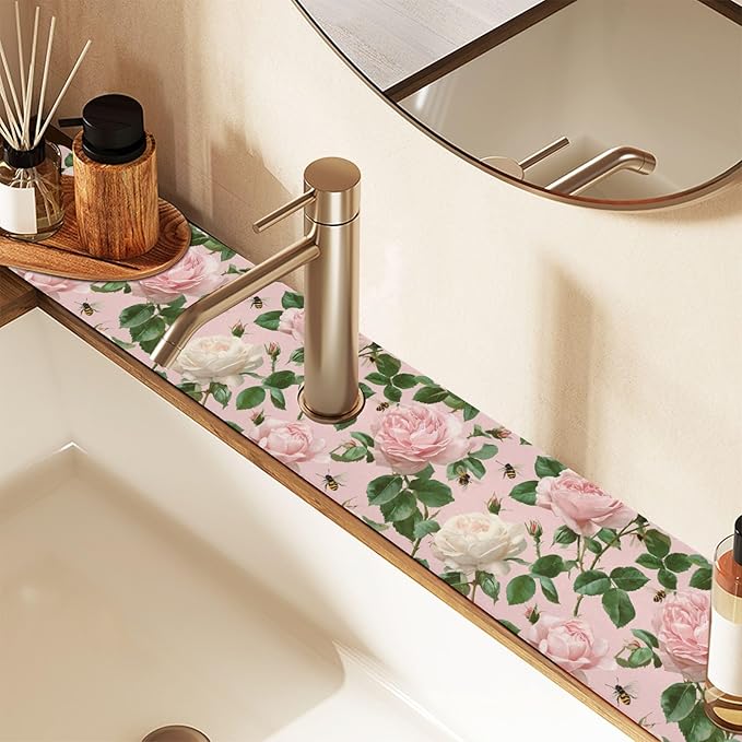Pastel Pink Rose Bees Grey Butterflies Kitchen Sink Splash Guard Sink Faucet Mat Faucet Handle Drip Catcher Drain Mats for Kitchen Bathroom Countertop Absorbent Di