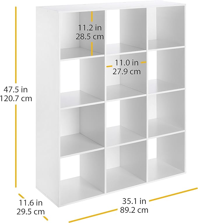 Whitmor 12 Cube Bookcase, 4 Tier Stackable MDF Bookself, Open Storage Display Organizer, Storage Cabinet for Living Room, Bedroom, Home, Office, 35.1" L x 11.6" W x 47.5" H, White