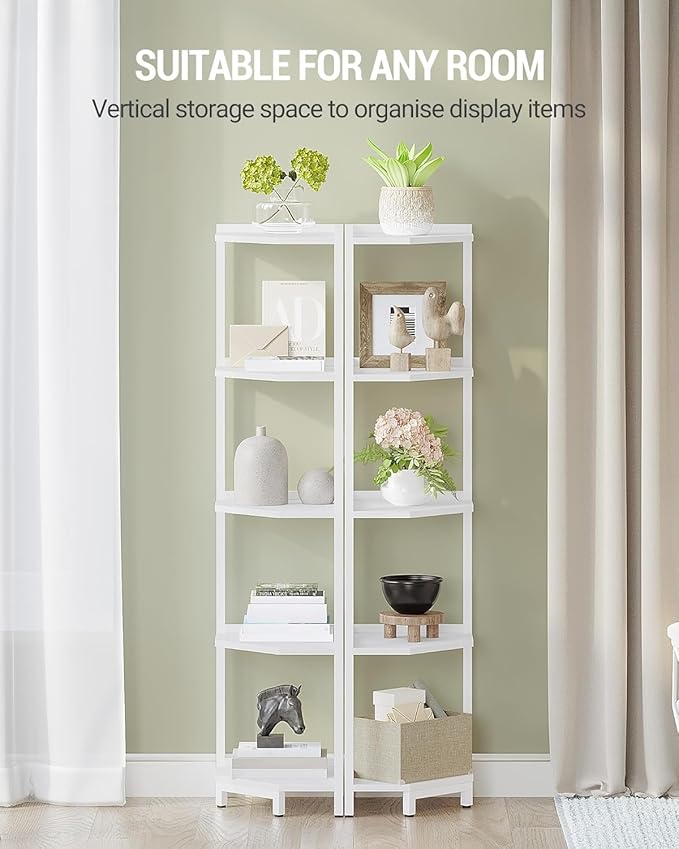 Corner Shelf Stand, Corner Bookshelf, Storage Standing Shelf Unit with Metal Frame, Plant Stand, Bookcase for Living Room, Home Office, Bedroom, 5-Tier White CS05913W