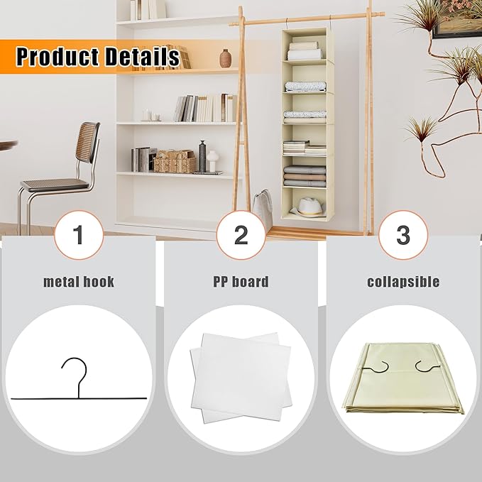 Hanging Closet Organizer, Easy Mount Foldable 6-Shelf Hanging Closet Wardrobe Storage Shelves, Clothes Handbag Shoes Accessories Storage, Washable Oxford Cloth Fabric, Beige