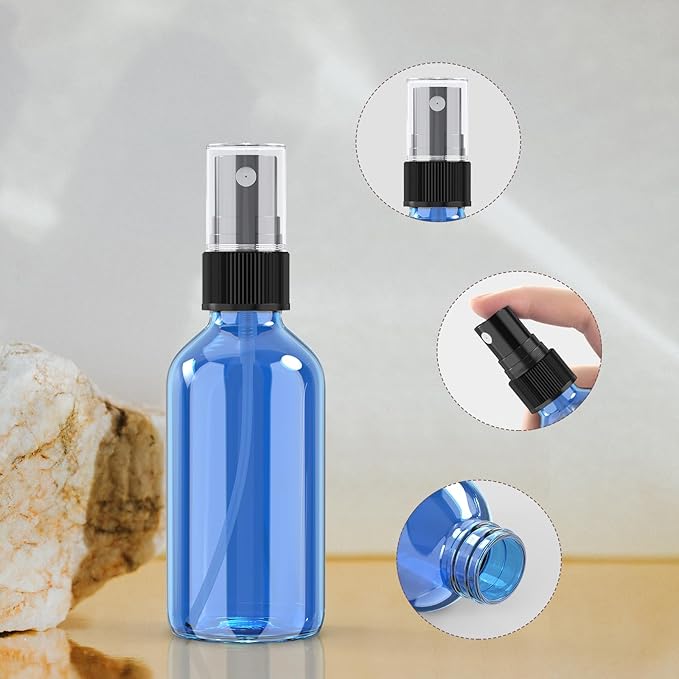 Wedama 4 oz Mini Glass Spray Bottles, Empty Small Spray Bottles with Funnel Dropper, Fine Mist for Hair, Travel, Plants, Cleaning Solutions and Skin Care (4 Pack Sky Blue)
