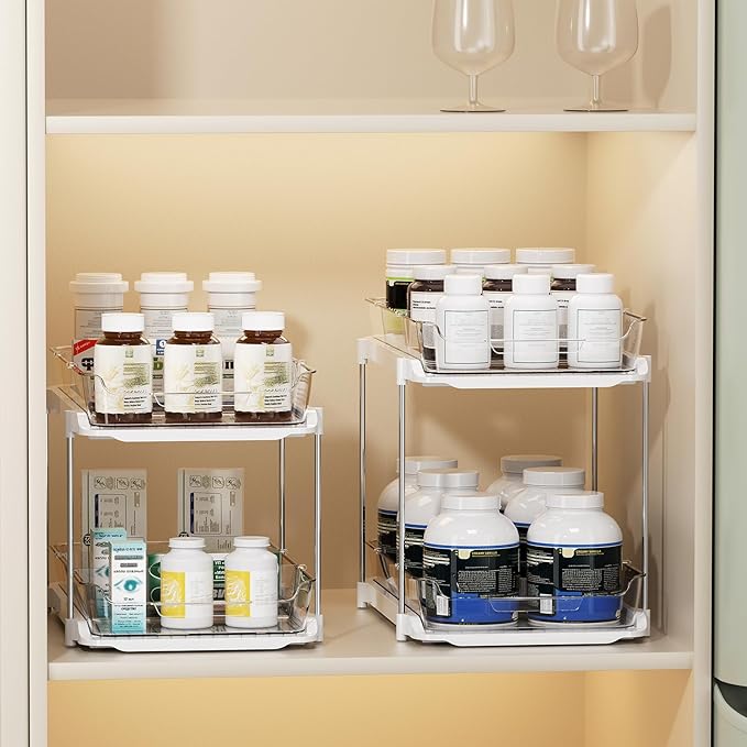 LAMU 2 Pack Bathroom Organizers and Storage, 2-Tier Stackable Under Sink Storage with Pull-Out Drawers & Dividers, Medicine Cabinet Organizer for Kitchen Pantry Organization