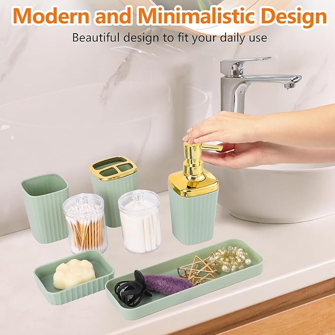 Bathroom Accessory Set,9 Pieces Light Green Bathroom Accessories Set with Trash Can, Toothbrush Holder, Soap Dispenser, Toothbrush Cup, Vanity Tray, Soap Dish, Toilet Brush, Qtip Holder