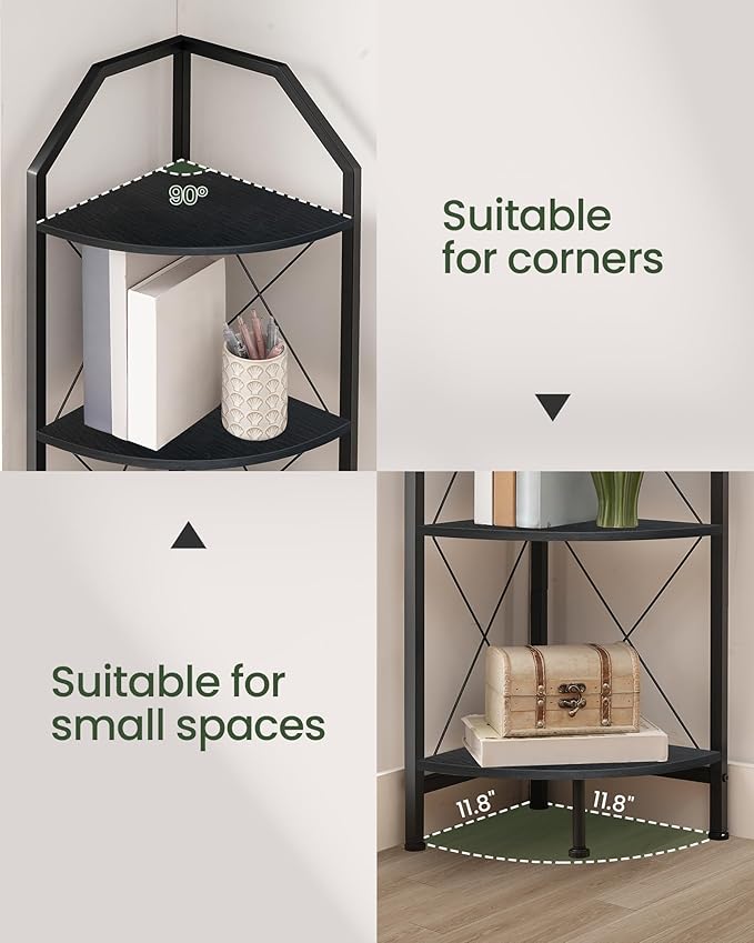 5-Tier Corner Shelf, Industrial Corner Bookshelf, 59.4" Corner Storage Stand, Plant Stand Display Shelf, Corner Bookcase for Bedroom, Living Room, Home Office, Black TCJ10BB
