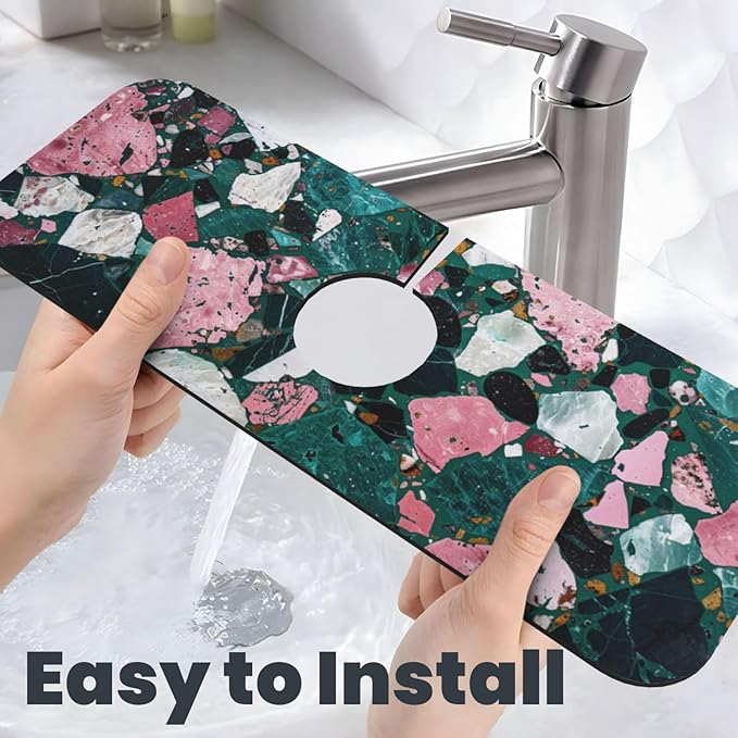 Faucet Draining Mat For Kitchen Sink, Terrazzo Dark Green Diatom Mud Absorbent Drain Pad For Bathroom Kitchen Sink Splash Guard Drying Mat