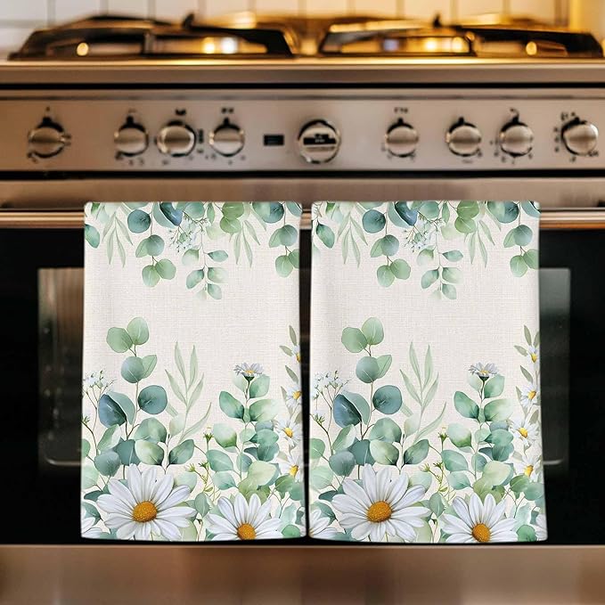 Kitchen Towels Set of 2, Green Eucalyptus Leaves Soft Microfiber Dish Towels, Daisy Summer Botanical Watercolor Absorbent Washable Dishcloths for Kitchen Cleaning, Drying Dishes, 18x28 Inches