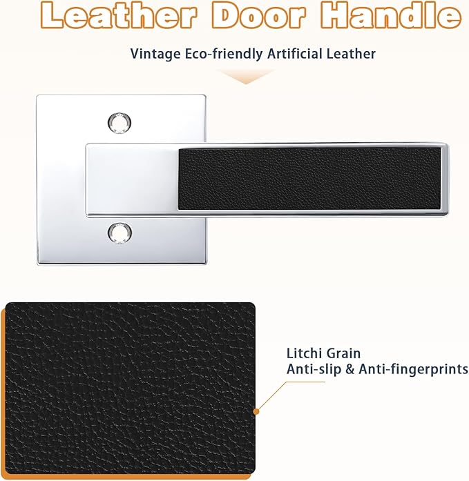 Probrico Heavy Duty Dummy Door Handle with Black Leather Hand Lever, Square Non-Turning Single Side Pull Only Lever for Closet or French Doors, Polished Chrome, 4 Pack