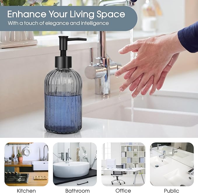 Topsky 2 Pack Glass Soap Dispenser with Plastic Pump,400ml Liquid Hand Soap Dispenser,Rustproof Pump for Kitchen & Bathroom,Great for Lotions,Essential Oil,Liquid Soaps,Gray