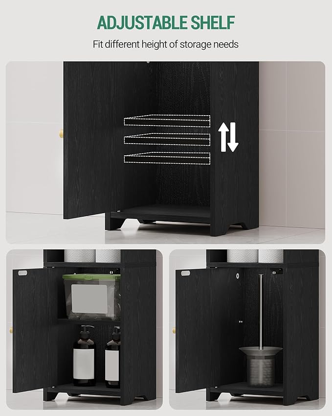 Bathroom Storage Cabinet, Corner Floor Cabinet with Doors and Adjustable Shelf, Narrow Toilet Paper Cabinets, Bathroom Organizer for Small Spaces, Black BC29704X