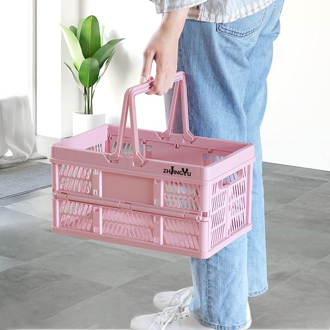 Pink crates for storage,plastic baskets for organizing,14.96" x9.84"x 7.87" collapsible shopping basket,20L foldable crate with Handles,Car Milk Dairy crate for Kitchen,Bathroom,school,office