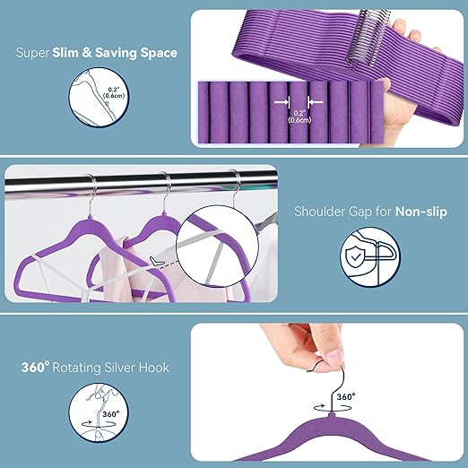 Premium Velvet Hangers 60 Pack, Non Slip Clothes Felt Hanger Heavy Duty for Coat, Premium Slim Space Saving Suit Hangers for Closet Organizer, 360° Rotating Silver Hook