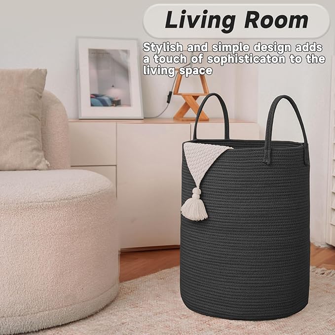 Large Woven Laundry Basket Hamper,80L Cotton Rope Storage Bin for Blankets,Toys and Clothes,Decorative Tall Nursery Hamper for Living Room,Baby Nursery,Bathroom and Bedroom,Black