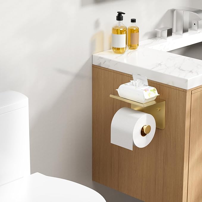 Toilet Paper Holder with Shelf, Adhesive or Screw Wall Mount Toilet Paper Roll Holder for Bathroom, 304 Stainless Steel Commercial Toilet Tissue Roll Dispenser with Phone Shelf (Brushed Gold)