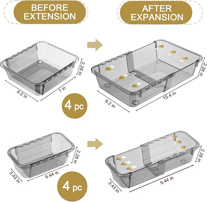 8 Pcs Mixed Extendable Clear Drawer Organizer, All Adjustable Vanity Storage Box, 3-Size Desk Drawer Organizer, Acrylic Storage Bins for Makeup, Bedroom Dressers Tool Organizer for Gadgets, Black