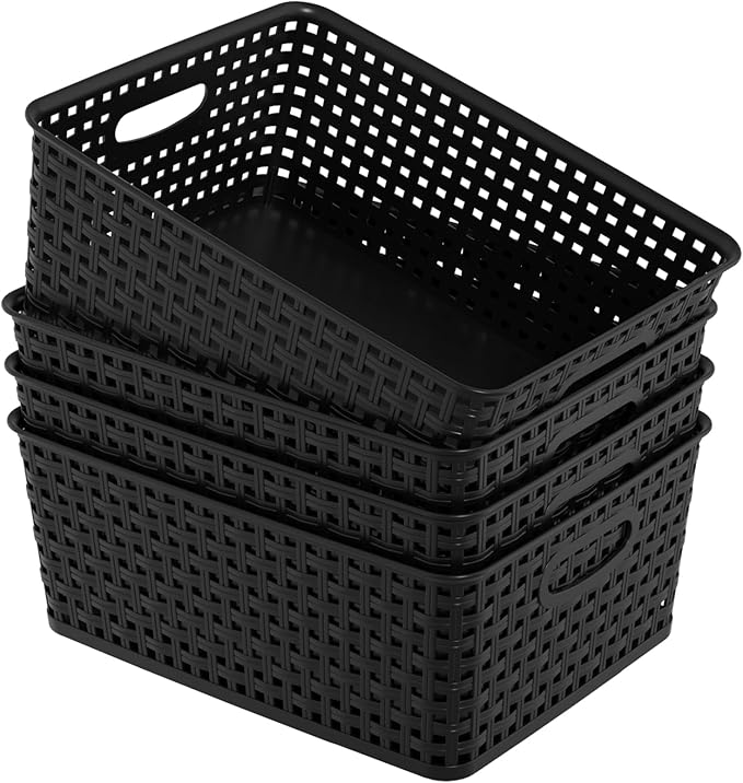 Plastic Weave Storage Basket, Woven Plastic Storage Baskets, Medium Black, 4 Packs