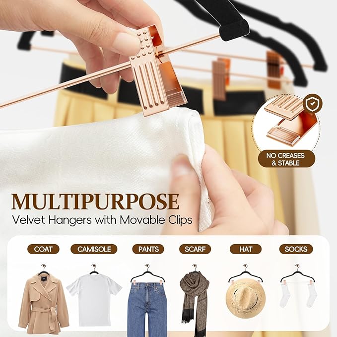 Velvet Hangers with Adjustable Clips 25 Pack, Space Saving, Non-Slip Slim Felt Clothes Hangers for Pants, Skirts, Dress, Suits, Heavy Duty Rose Gold Metal Hanger with 360° Swivel Hook (Black)