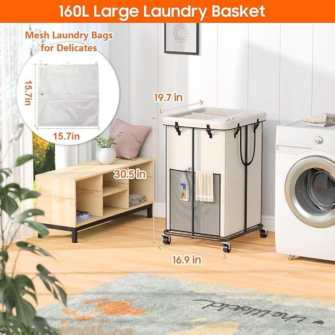 160L Laundry Basket with Wheels, Rolling Laundry Hamper with Removable Bag and Metal Frame for Dirty Clothes - Bedroom/Laundry Room/Bathroom Applicable （Large & Tall）