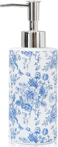 JarThenaAMCS Blue Floral Soap Dispenser Vintage Flower Butterfly Glass Dispenser with Pump Refillable Chinoiserie Liquid Soap Container for Farmhouse Home Kitchen Bathroom Countertop