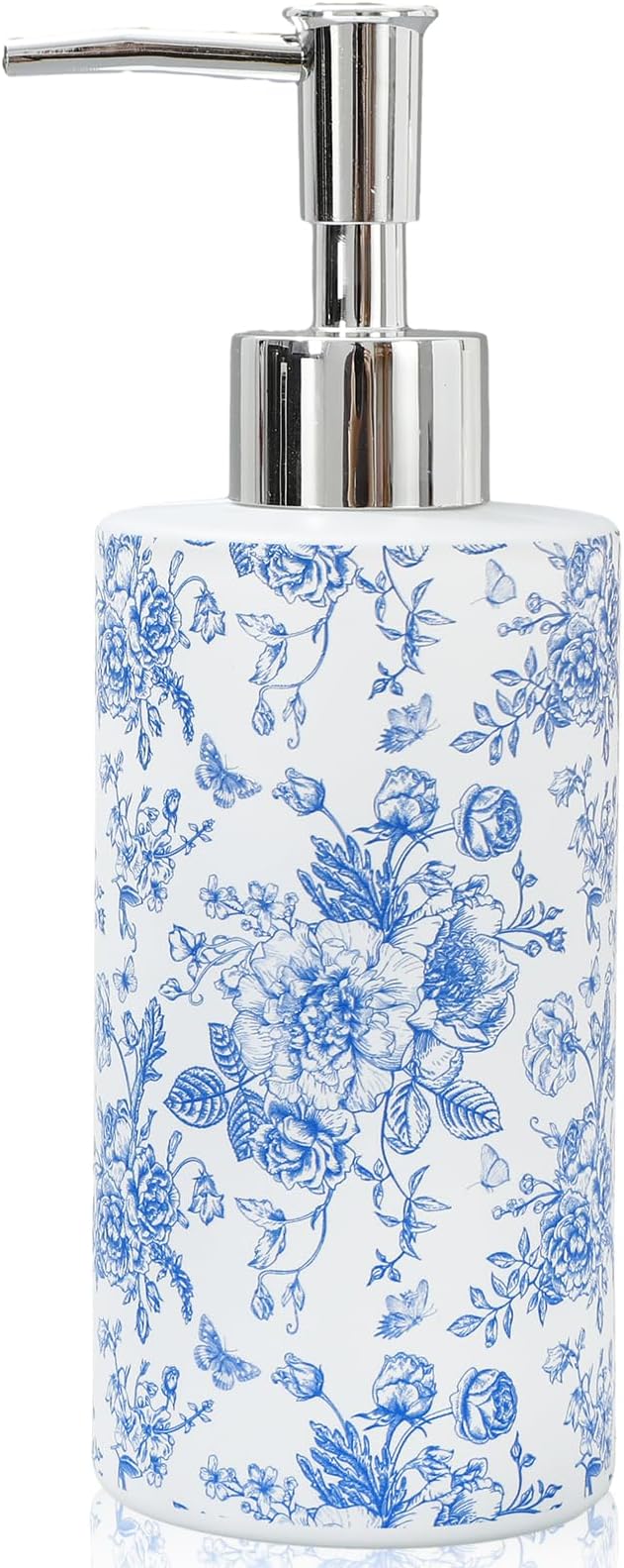 JarThenaAMCS Blue Floral Soap Dispenser Vintage Flower Butterfly Glass Dispenser with Pump Refillable Chinoiserie Liquid Soap Container for Farmhouse Home Kitchen Bathroom Countertop