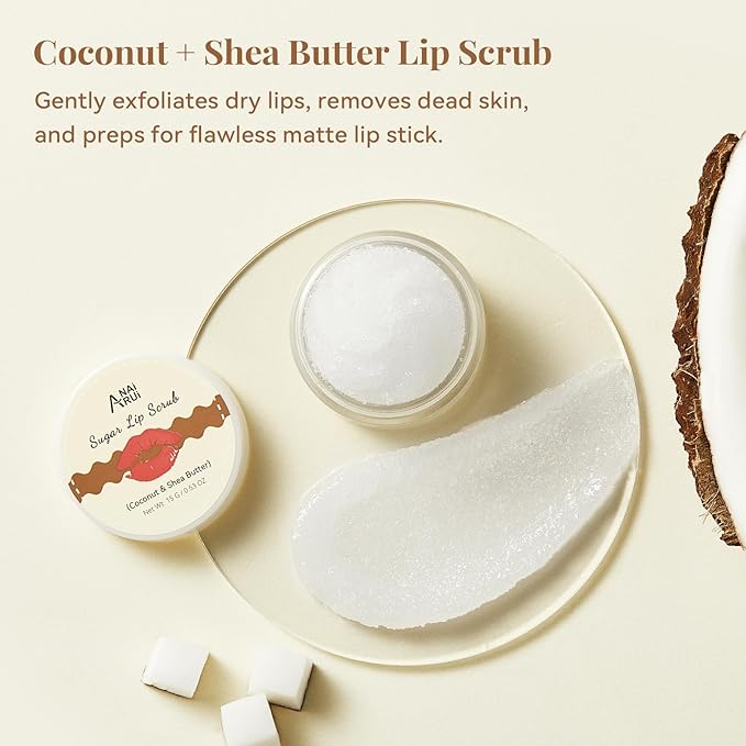 ANAI RUI Coconut Lip Scrub & Lip Mask Set with Shea Butter, Lip Scrubber Exfoliator Enriched with Vitamin E, Sugar Scrub for Dry Lips, Hydrating Lip Mask, Gifts For Women