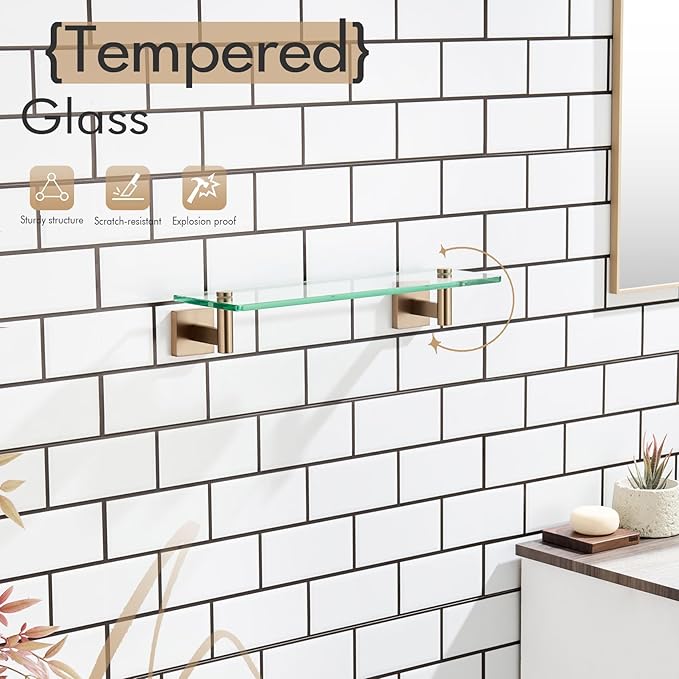 KOKOSIRI Wall Shelves Bathroom Hardware Glass Floating Shelf 16-Inch for Bedroom, Living Room, Kitchen, Hanging Rack Champagne Bronze B1105CPG-L16