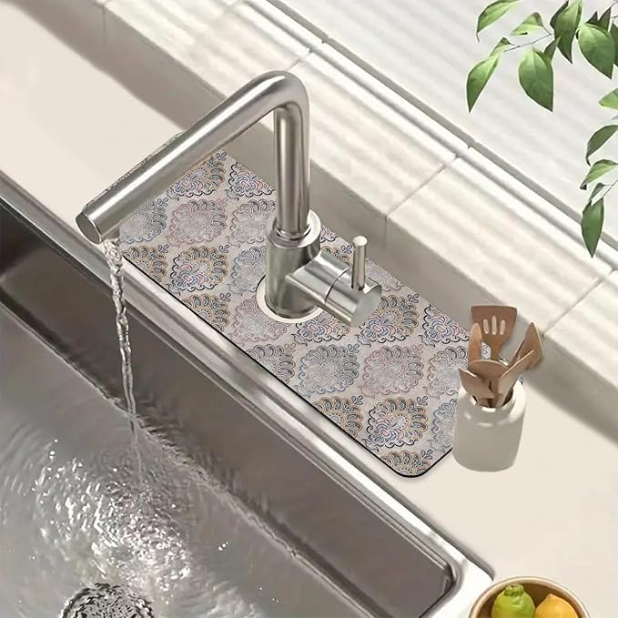 Grey Ceramic Printing Sink Splash Guard Ceramic Texture Faucet Absorbing Mat Fast Drying Mat Sink Gadgets Splash Guard Behind Faucet Drip Catcher for Kitchen Bathroom, 15.5"x5.5"