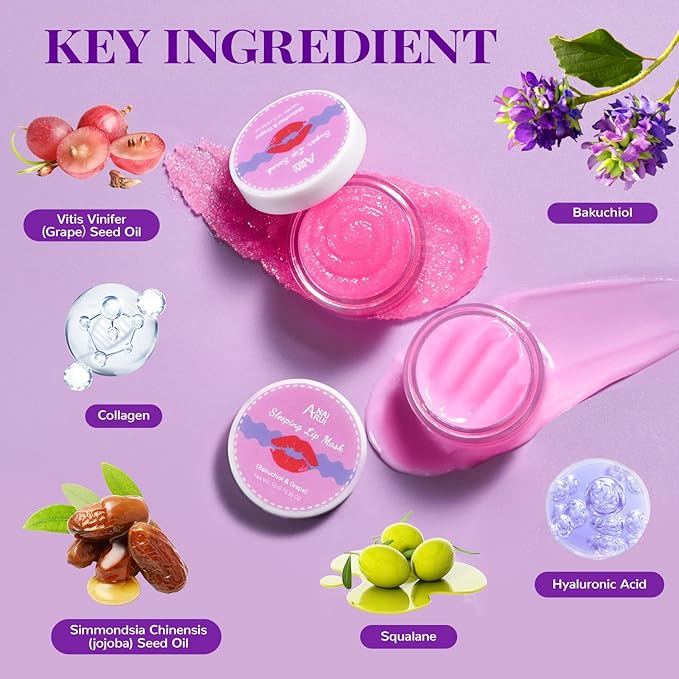 ANAI RUI Lip Therapy Set, Lip Scrub & Lip Mask, Overnight Hydrating Lip Moisturizer with Exfoliator Scrub, Lip Sleeping Mask for Plumping, Lip Gift Kit for Dry, Chapped, Dark Lips, Grape