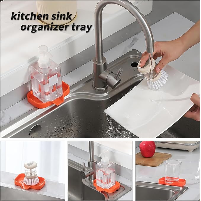 MicoYang Silicone Bathroom Soap Dishes with Drain Spout-Bathroom and Kitchen Sink Organizer,Sponge Holder,Dish Soap Tray,Perfect for Dispenser,Scrubber,Bottle,Cup on Sink or Counter-Orange 4.9"×3.2"