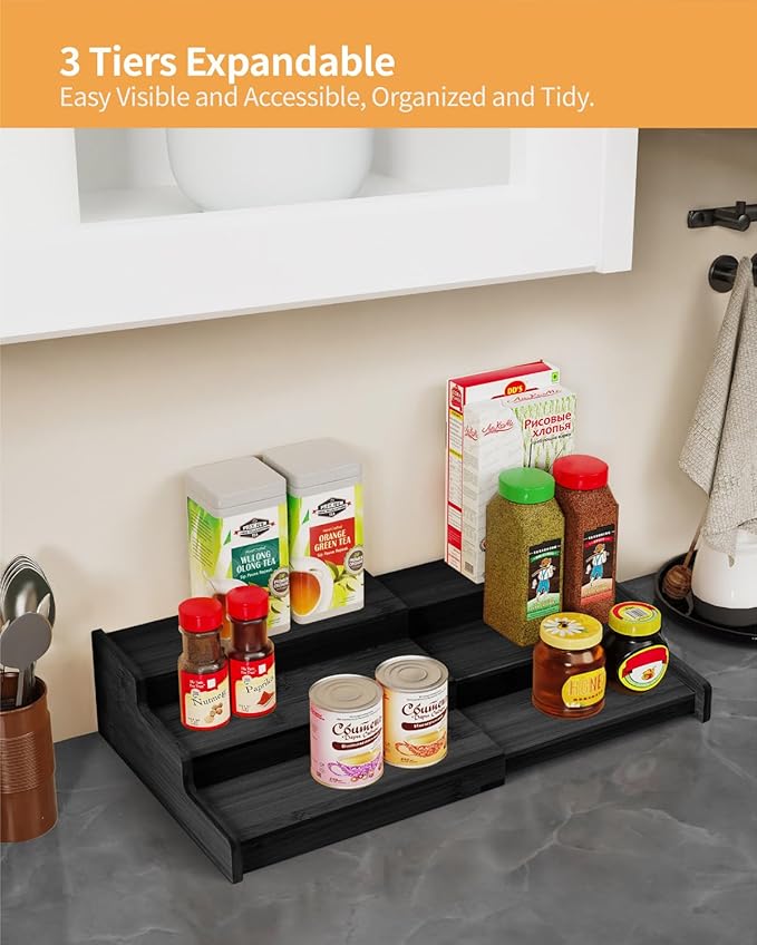 Spice Rack, 3-Tier Expandable Bamboo Spice Rack Organizer for Cabinet, Kitchen, Pantry and Cupboard Storage Organizer-Black(2pack)