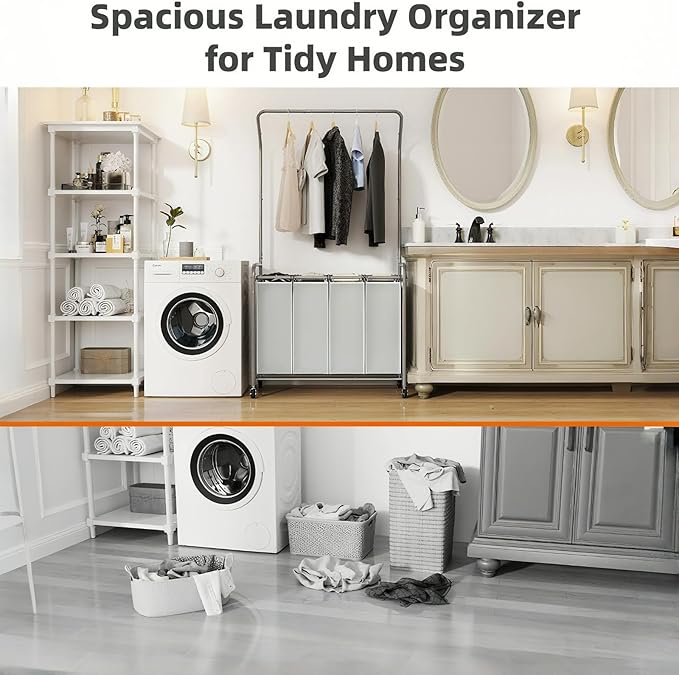 ROMOON Rolling Laundry Basket Organizer with Hanging Clothes Rack: 4 Section Laundry Hamper Sorter with Hanging Bar and Heavy-duty Lockable Wheels - Clothes Rack with Laundry baskets, 2025 Upgrade