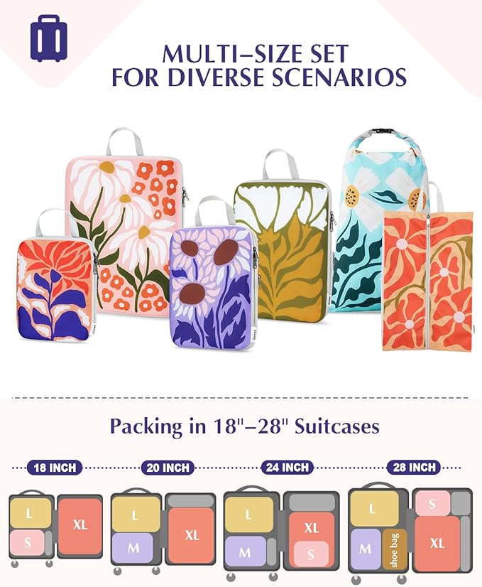 Gonex Compression Packing Cubes, 6pcs Expandable Storage Travel Luggage Bags Organizers with Shoe Bag Laundry Bag, Travel Cubes for Suitcase Carry On (Flowers)