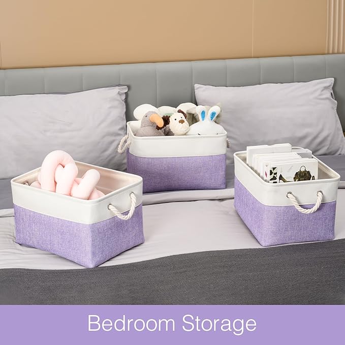 DUHEL Storage Bins 3 Pack, Fabric Storage Basket for Collapsible Medium Canvas Storage Baskets for Organizing Shelf Nursery Home Closet . (White&Purple-3PCS)
