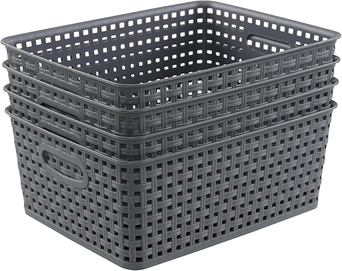 Readsky Plastic Woven Storage Basket with Handle, Gray, 4 Packs