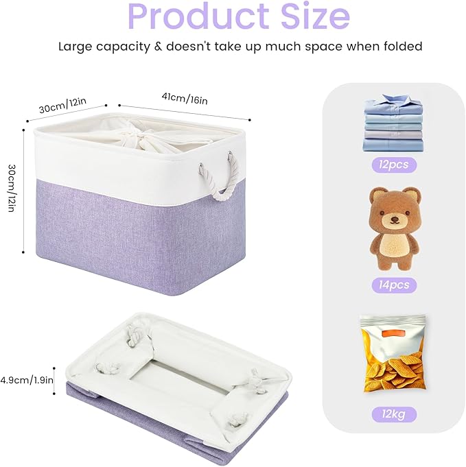 Large Storage Baskets- 16x12x12 inch Storage Bins for Shelves and Closet Organizing, Foldable Fabric Bin for Home Organization Clothes and Laundry (3-Pack, White&Purple)
