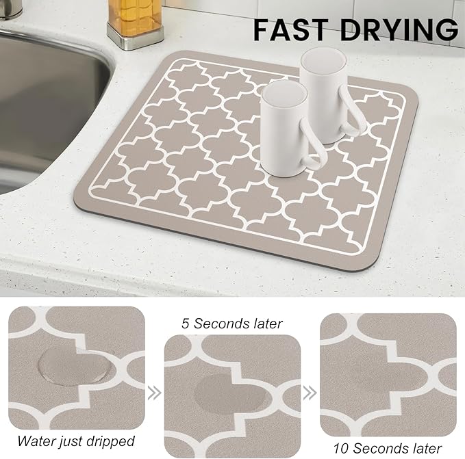 WISELIFE Dish Drying Mat Super Absorbent Drying Mat Large Dish Drying Mats for Kitchen Counter Easy Clean Dish Mat Kitchen Drying Mat15"x 18" Stylish Khaki