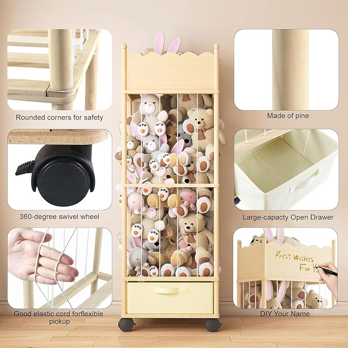 Wooden Stuffed Animal Storage Organizer with Wheels & Drawer – 3-Tier Plush Toy Zoo Holder for Kids Room, Nursery & Playroom – Safe Solid Wood, Elastic Rope Design, Smooth Wave Edge