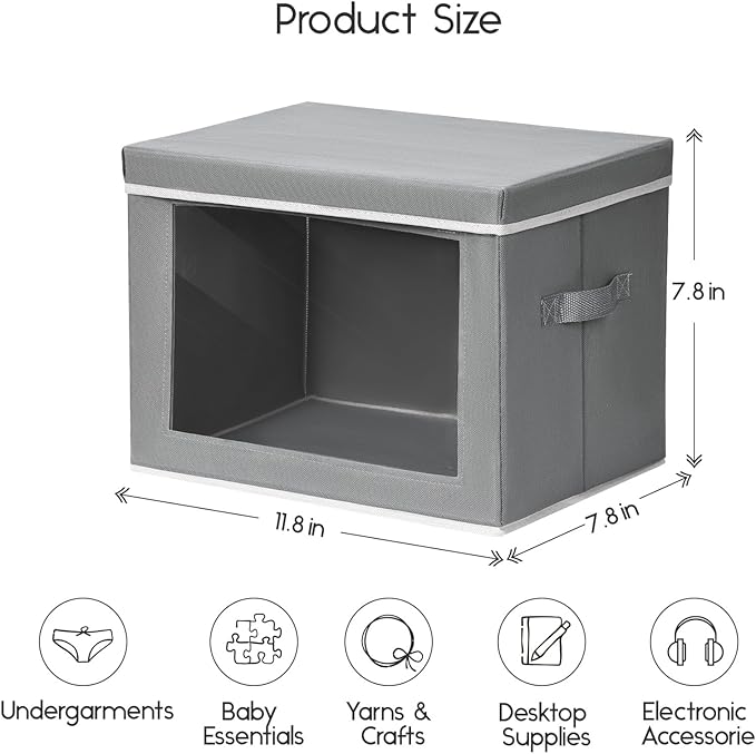Storage Bins with Lids - Small Fabric Organizers with Window, Collapsible Storage Bins for Clothes, Decorative Closet Organizers for Towels, Tshirt, 3 Pack, Grey