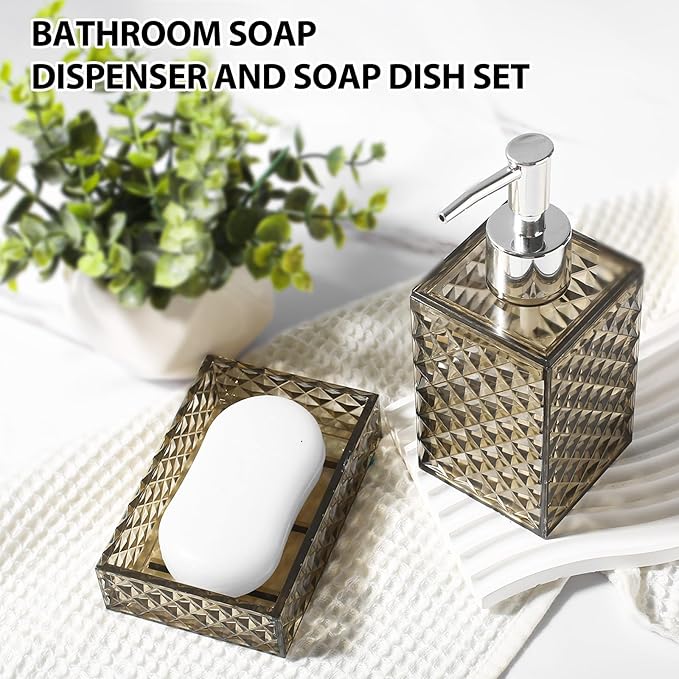 Brown Bathroom Accessories Set, 4 Pack Acrylic Bath Accessory Sets Complete, Diamond Soap Dispenser and Toothbrush Holder Bathroom Counter Sink Set, Boho Modern Bathroom Decor