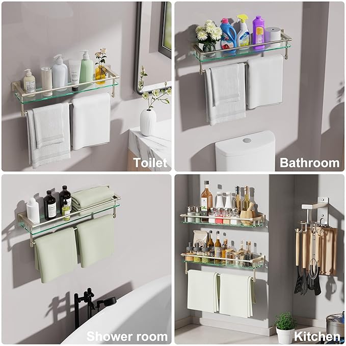 SFGSOWOR Glass Bathroom Shelf with Towel Bar, Stainless Steel Tempered Towel bar/Track Glass Bathroom Shelves Wall Mount Over The Toilet (Brushed Nickel, 20-inch)