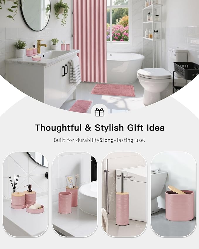 IMAVO Pink Bathroom Set,26Pcs Bathroom Accessories Set with Waffle Shower Curtain,Rugs,Trash Can,Tray,Soap Dispenser,Soap Dish,Toothbrush Holder,Toothbrush Cup,Toilet Brush Holder and Qtip Holders