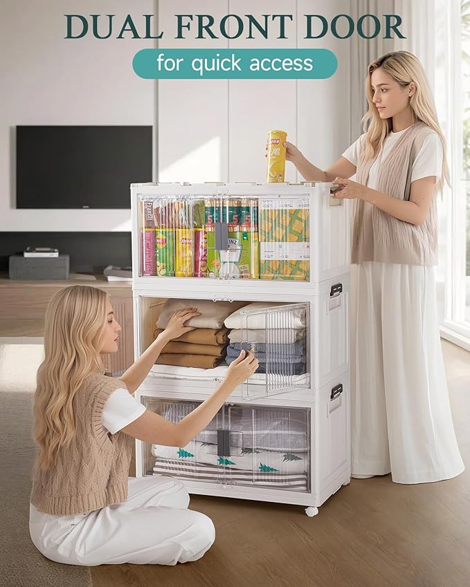 OlarHike 97QT Stackable Storage Bins with Lids - Folding Storage Box with Doors and Wheels, Collapsible Plastic Storage Drawers for Closets and Organization, Garage, 4 Pack Cubes
